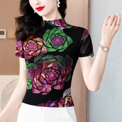 Women Printed Floral Mesh T-shirt Vintage Summer Tee t-shirts Female Half Turtleneck Short Sleeve Tops