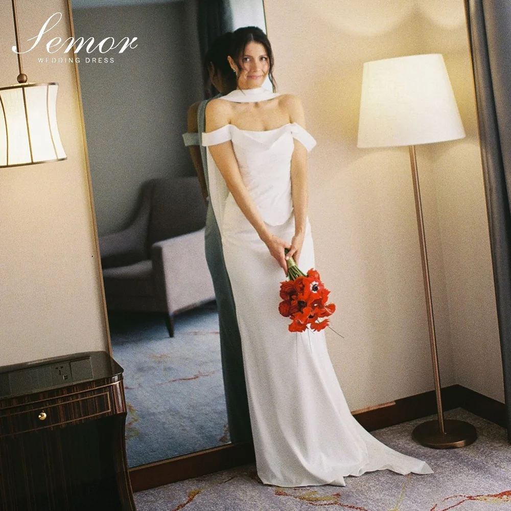 Semor White Off the Shoulder Wedding Dresses 2Pcs With Scarf Elegant Mermaid vestido de novia Stain Back Lace Up Gown Customized