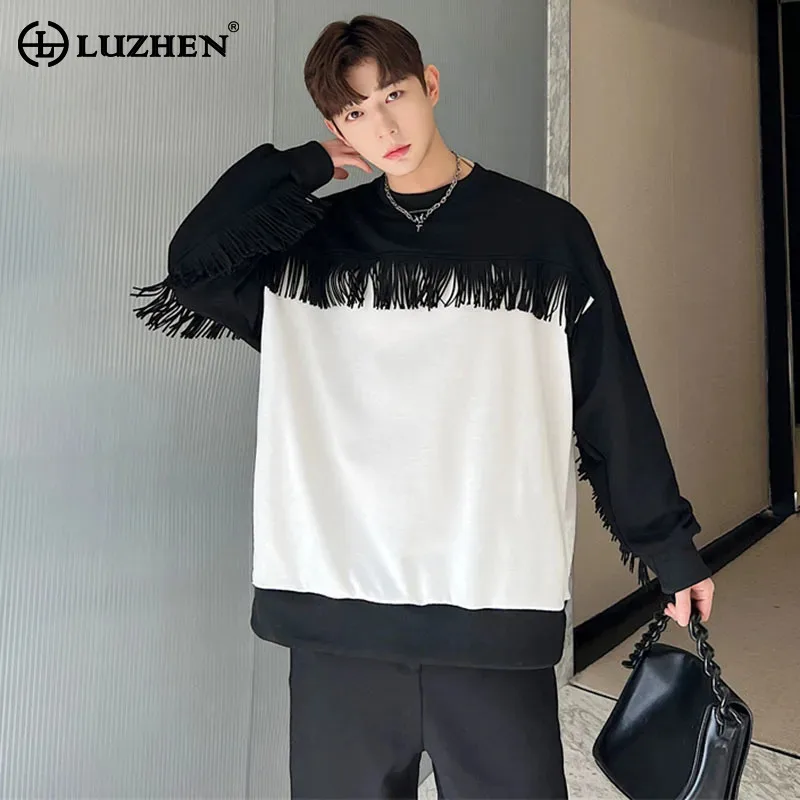 LUZHEN New Elegant Tassel Long Sleeve Tops Patchwork Niche Design Original Sweatshirt Men's Stylish High Street T Shirt LZ7442