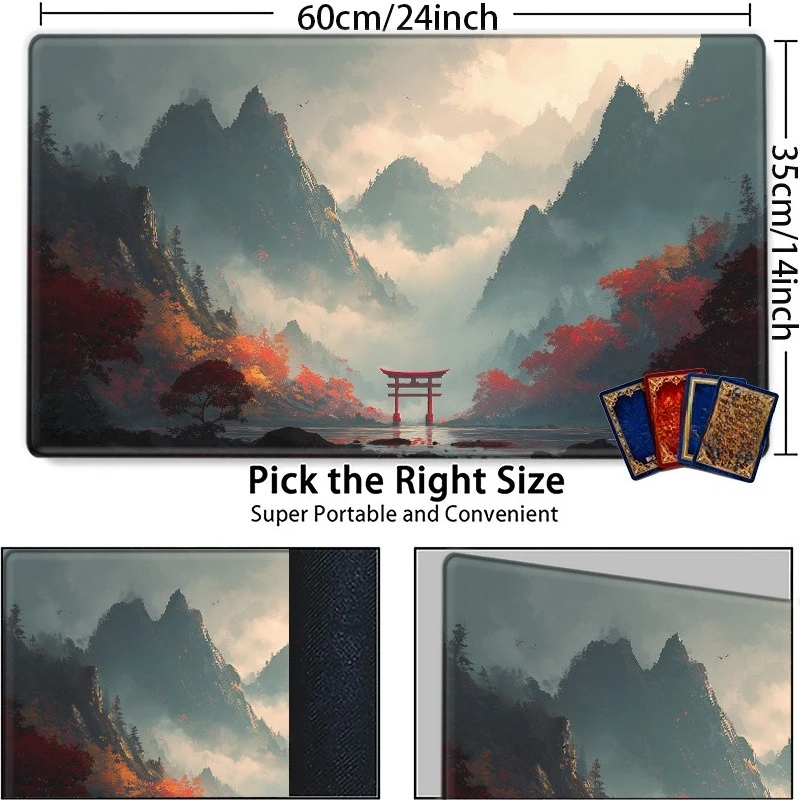 The serene Japanese-style torii gate in the mist. CCG game mat, non-slip, perfect for TCG/CCG fans, ideal for family activities