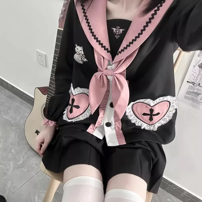 Japanese Pink Black Sailor Suit Cute Preppy Style Cartoon JK Uniform Sets 2024 Autumn And Winter Clothes Color Matching Outfits