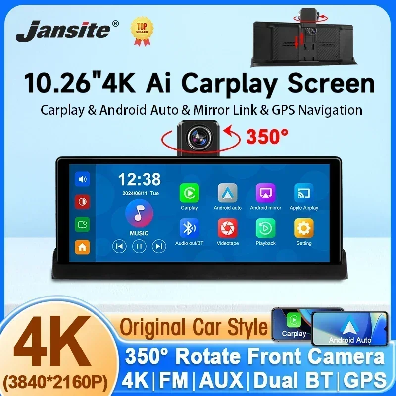 Jansite 4K DVR 무선 카플레이 및 안드로이드 자동 대시 캠, GPS 네비게이션, 24 시간 주차 모니터, 야간 투시경 백미러, 7 인치, 10.26 인치