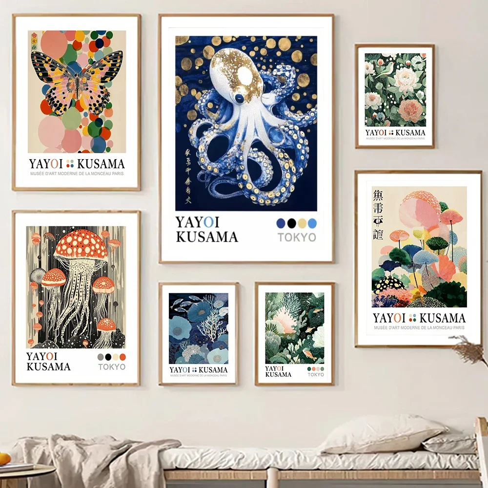 Yayoi Kusama Exhibition Art Poster Print Sunset Octopus Jellyfish Mushroom Canvas Painting Abstract Koi Fish Wall Art Home Decor