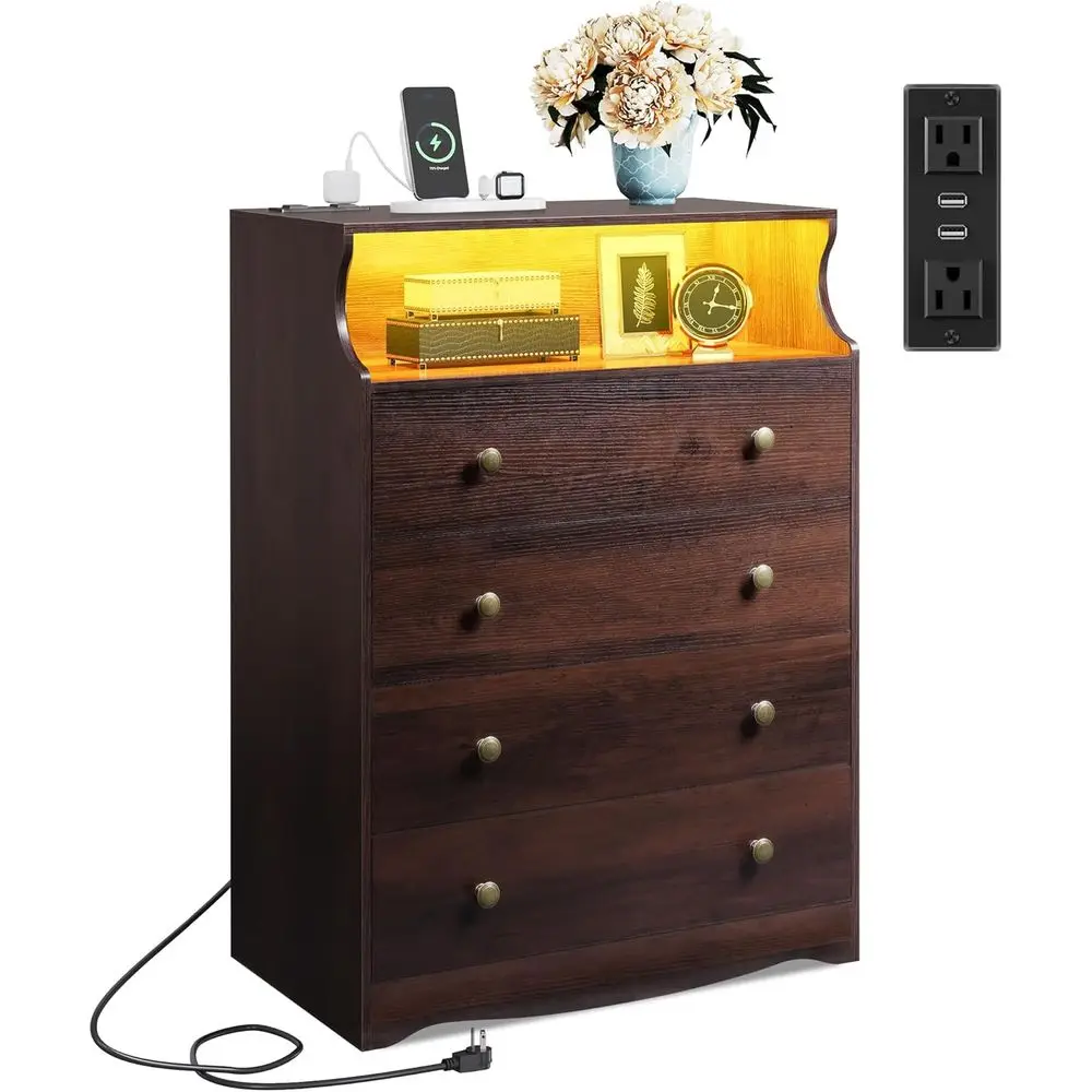 

LED Lighted Bedroom Tall Wood Drawer with 4 Shelves and Open Storage, Chest Drawers with Power Outlet for Living Room, Hallway,