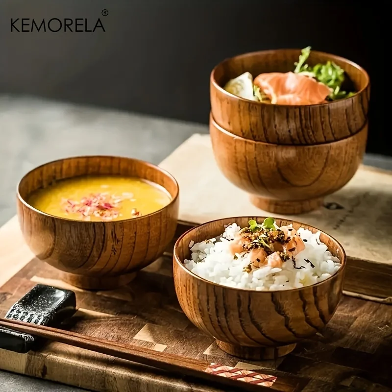 1PCS Natural Wooden Rice Bowl Household Salad Ice Cream Fruit Wooden Bowl Kitchen Food Storage Tableware