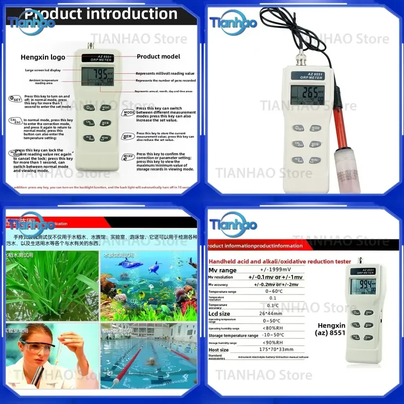 for AZ8551 Calibrated Redox Potentiometer ORP Water Quality Detector Pen Meter Tester for Aquarium Pool Hydroponics Drinking