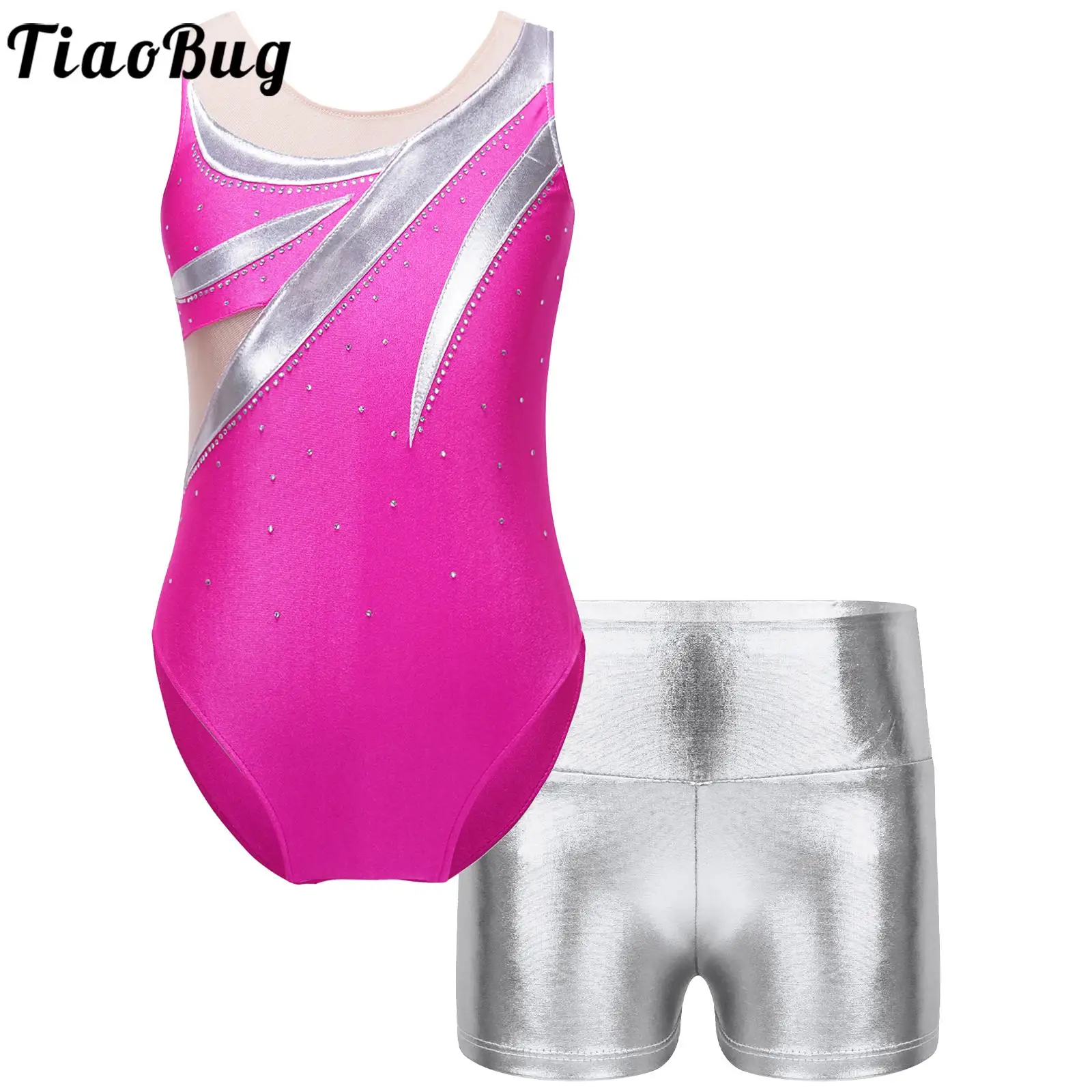 

Kids Girls Dance Sports Gymnastic Workout Clothing Sets Sleeveless Patchwork Rhinestone Leotard with Metallic High Waist Shorts