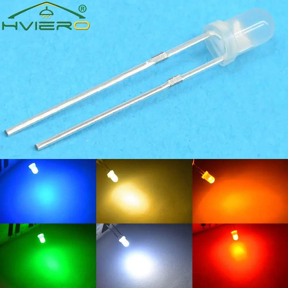 1000PCS F3 3mm Diffused White Red Green Blue Yellow Warm White Diode LED Light Emitting Diode F3 3mm LED Round Diodes Lamp Bulb