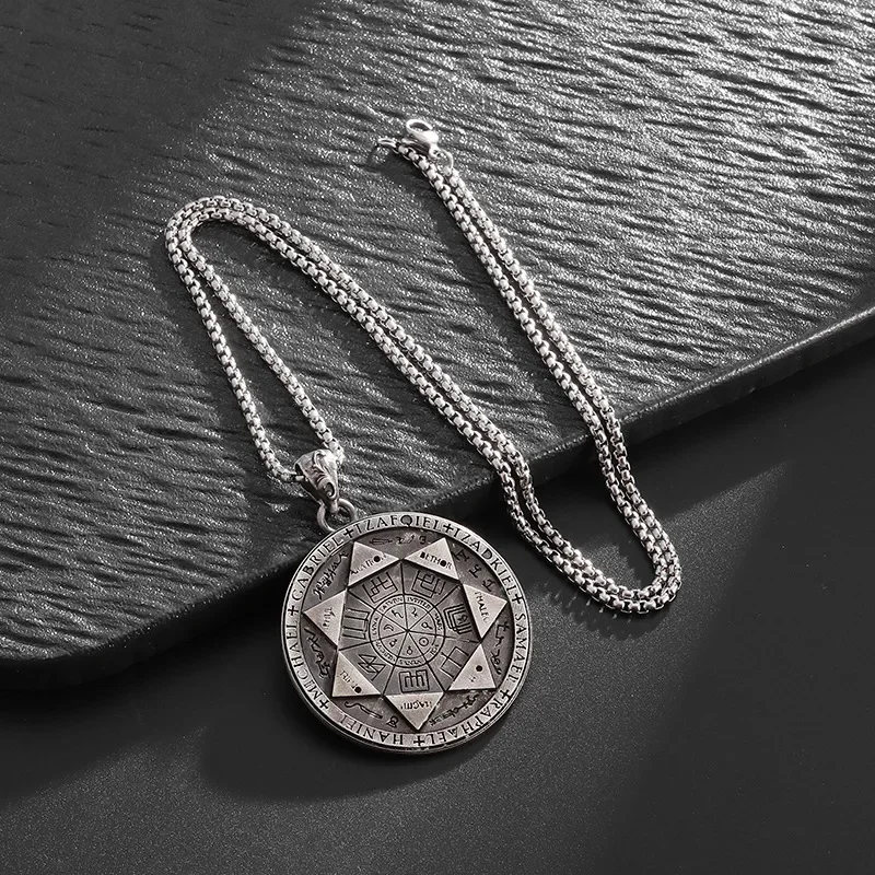 

New Eco-Friendly Alloy Accessories Retro Men's Necklace Seven Angels Magic Circle Round Pendant