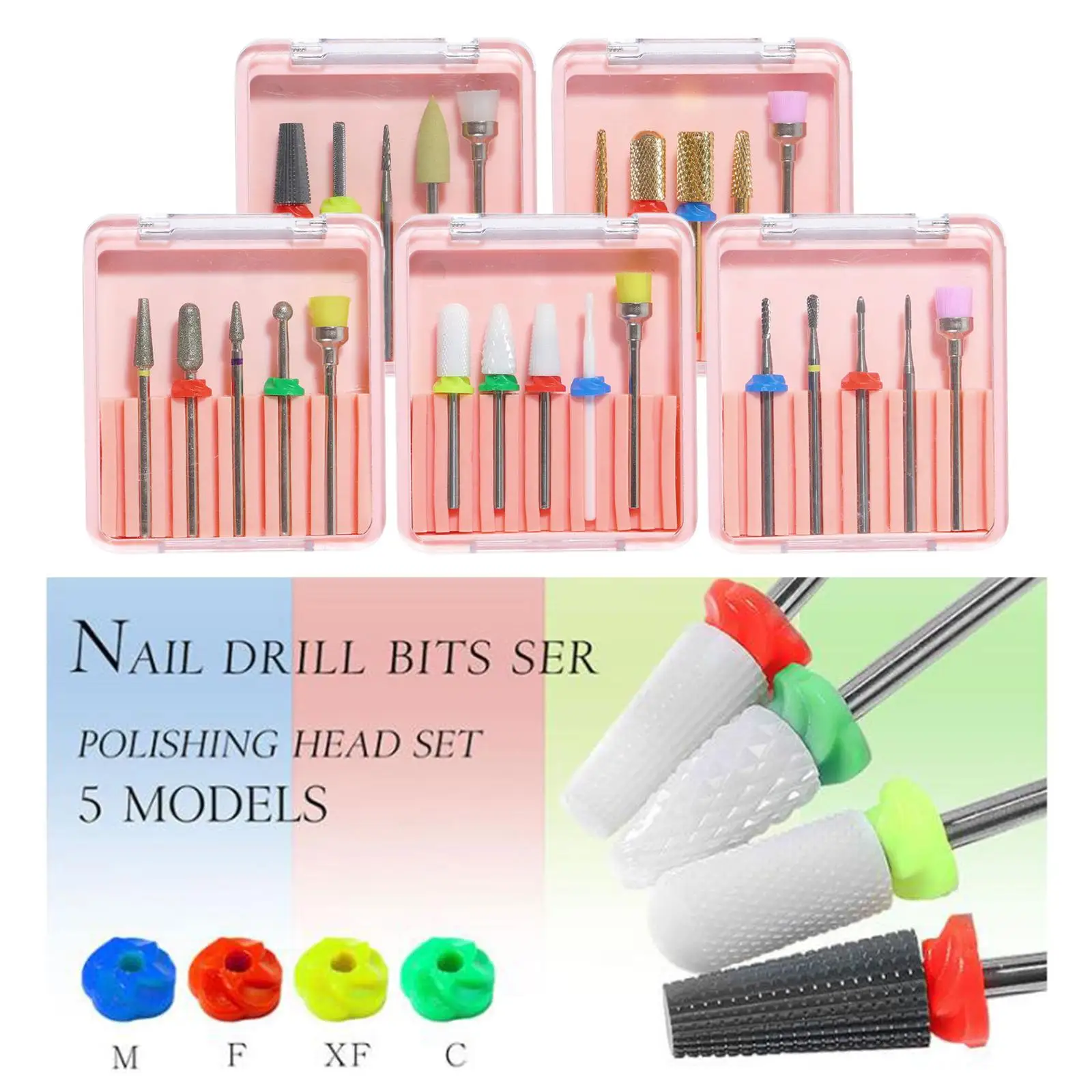 5 Pieces Bits, Tungsten Steel, Ceramic Kits for Remove Polishing Poly Acrylic Nails Manicure Home Use Salon Spa