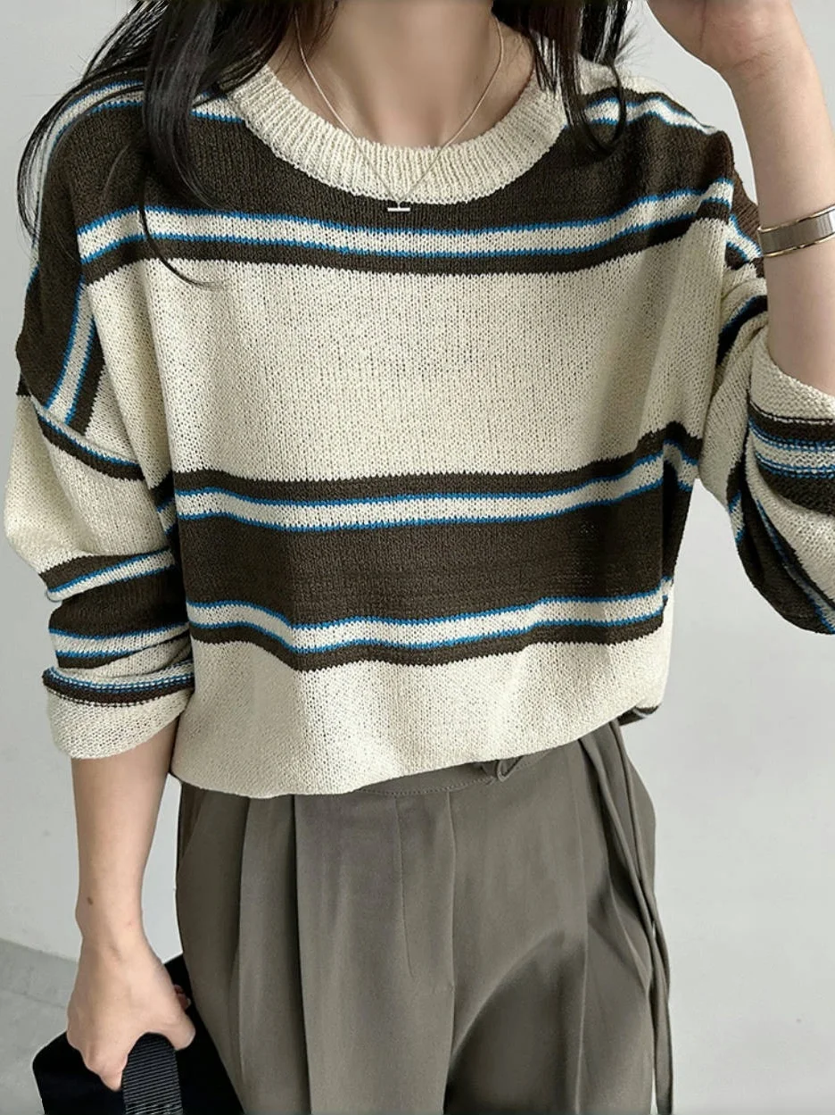 

Женский вязаный свитер свободного кроя во французском стиле с узором в полоску Ne, мягкий корейский дизайн, осеннее новое поступление