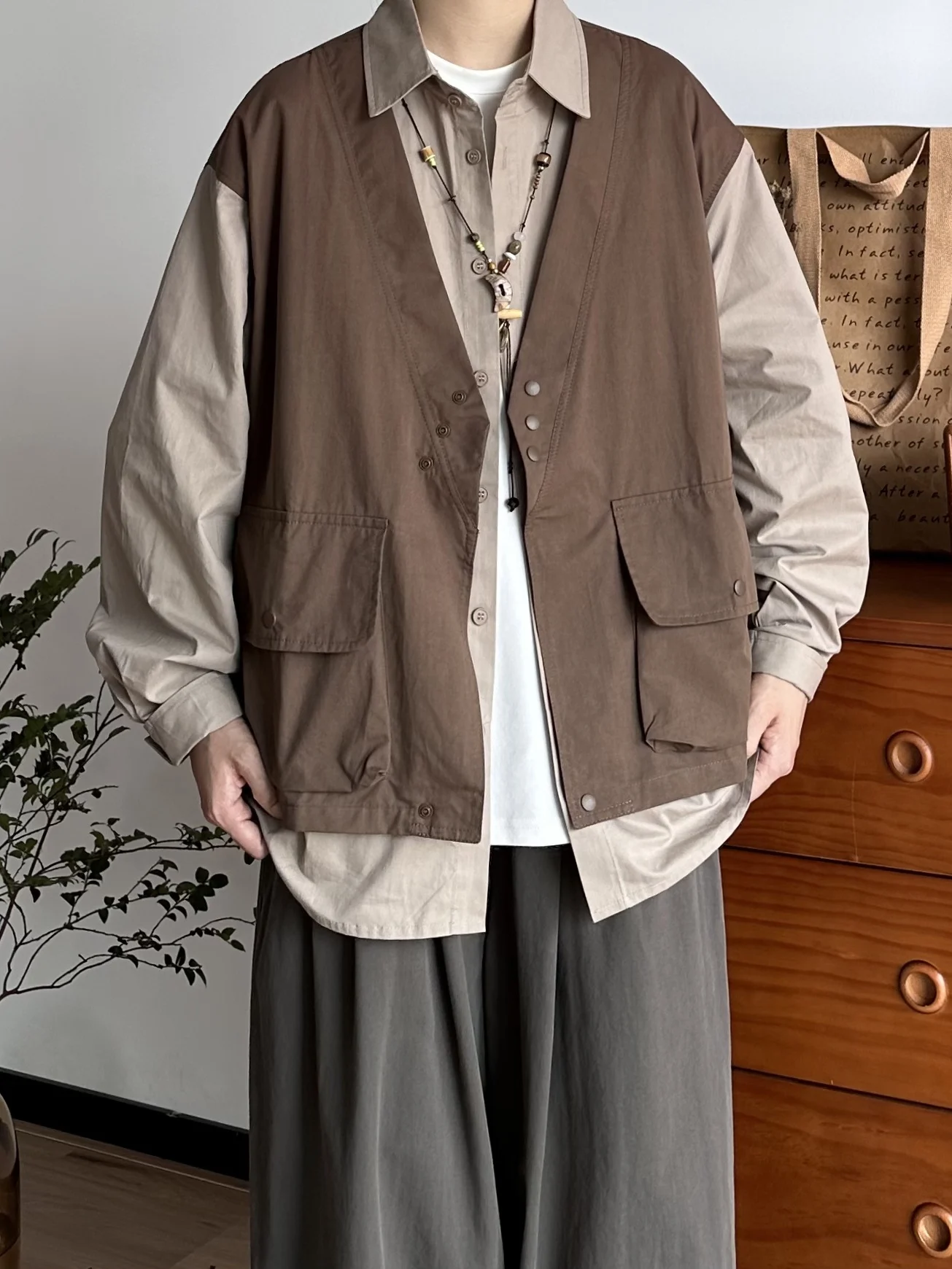 

Ретро-куртка с цветными блоками и длинными рукавами, весенне-осенняя рабочая одежда, имитация двухслойности, повседневная модная верхняя одежда для мужчин и женщин