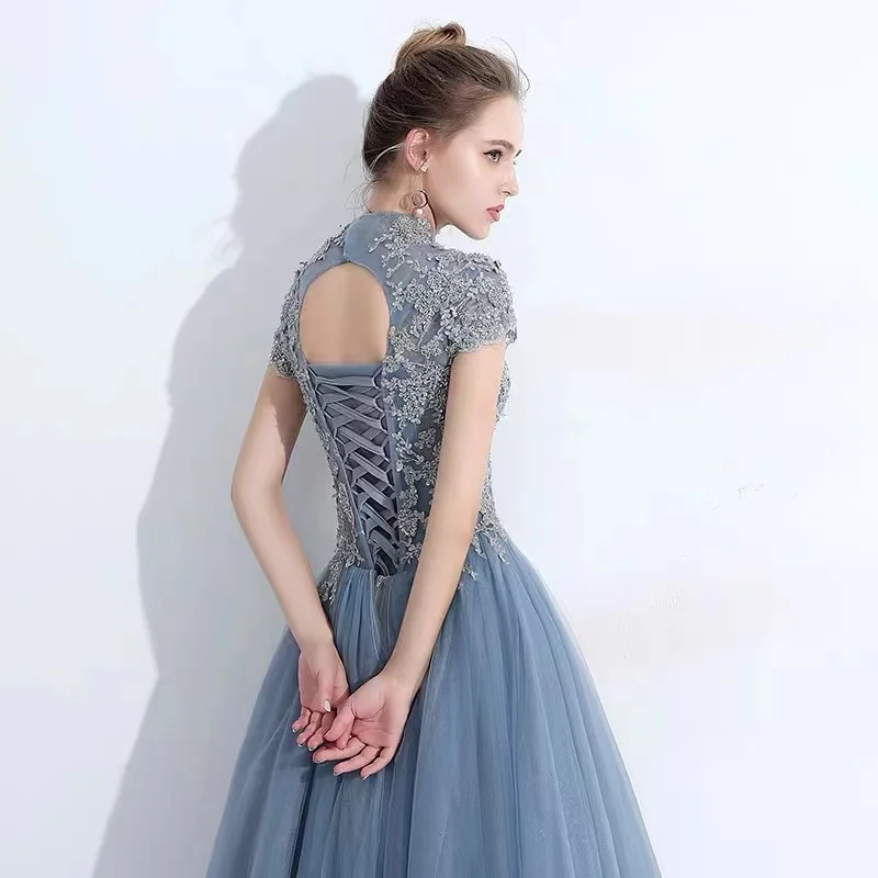 

Greyish Blue Bridesmaid Dresses High Neck Short Sleeves Elegant Embroidery Appliques Slim Lace Tulle Wedding Banquet Party Gowns