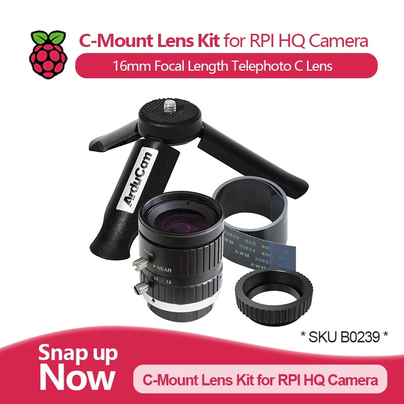 

Комплект объектива с креплением C для камеры Raspberry Pi HQ: телеобъектив C с фокусным расстоянием 16 мм, подставка для штатива, черный кабель длиной 2 фута (60 см).