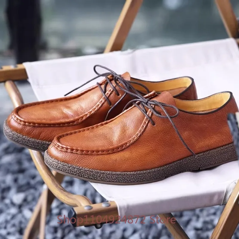 Men Summer Vintage Shoes Genuine Leather Hand-rubbed and Washed Casual Leather Shoes Soft Leather High-end Men Shoes, Trendy