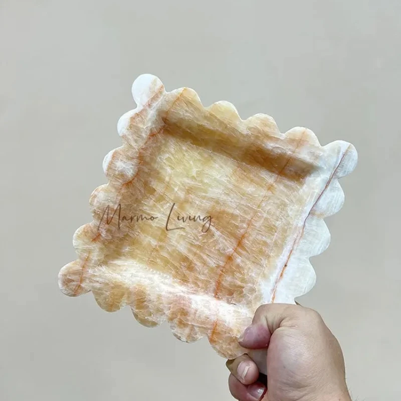French Retro Scalloped Onyx Marble Tray Korean Blogger Designer Ins Style Travertine Stone Aromatherapy Plate
