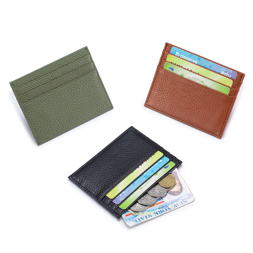 Minimalist Litchi Texture Real Leather Mini Card Wallet, Multi Slots Slim Pocket Card Organizer for Men Women Daily Carry