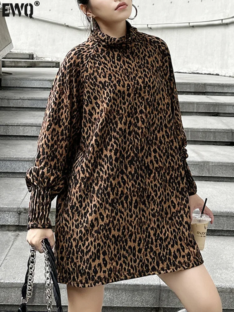 [EWQ] American Vintage T-shirt Long Sleeve Turtleneck Leopard Print Loose Fashion Women Pullover Tops 2024 Autumn New 16O3262