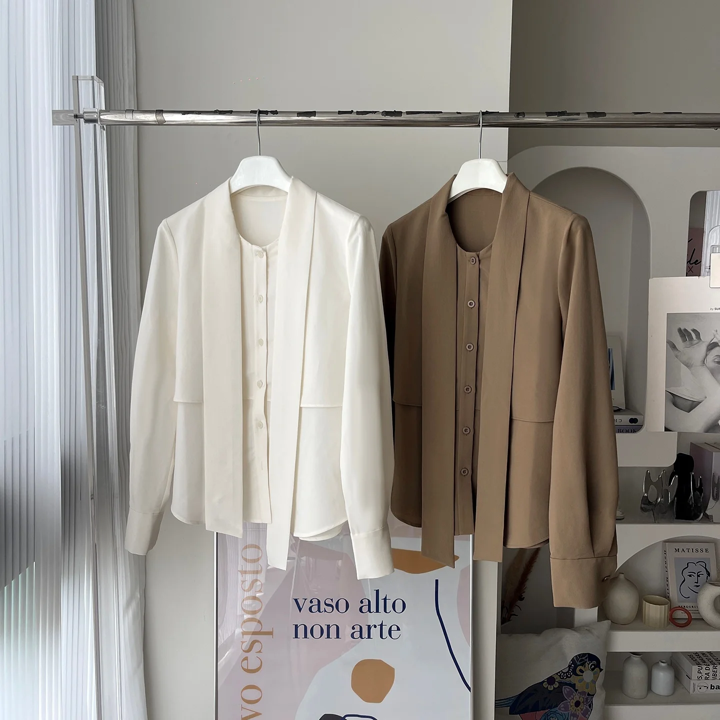 Draped Feel Shirt Smooth Soft Detachable Sash Commute Versatile Elegant Top Women's Korean Style Straight Cut Long Sleeve