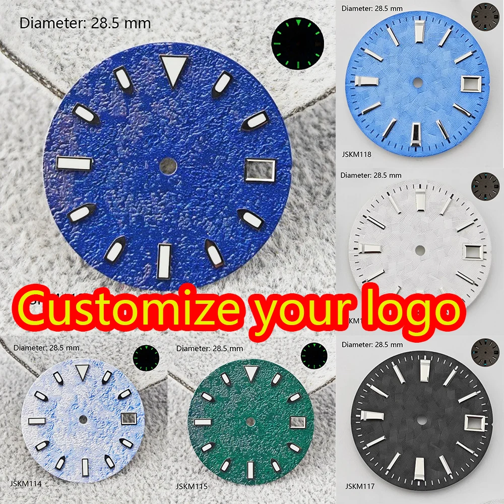 28.5mm Snow Frost Texture Surface Sterile Custom Logo Dial Date Window Green Luminous Dial Improved NH Dial Movement Dial Parts