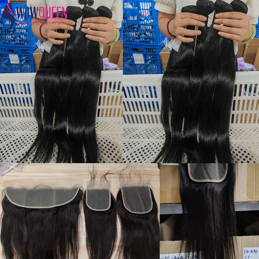 Pacotes retos do cabelo humano com fechamento, tecendo extensões, 13x4, 4x4, 5x5, 36 ", 38", 40"