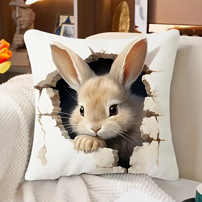 

1PC Easter Theme Plush Pillowcase, Bunny Egg & Flower Print, Soft Home Bedroom Sofa Decoration