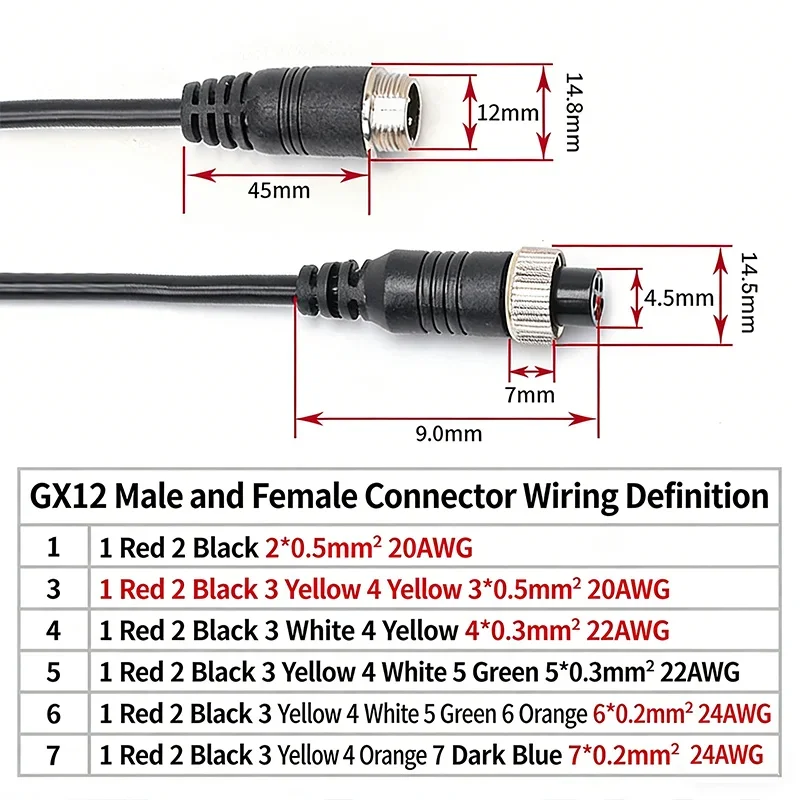 GX12 2/3/4/5/6/7 Pin Male to Female Extension Line Aviation Plug Connection WirePlug Sensing Connector Cable 0.2-3 Meters