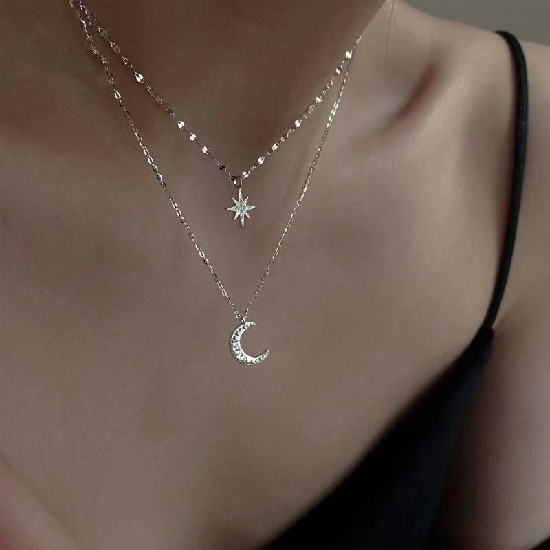 Double Layer Star Moon Necklace for Women Trendy Unique Design Lockbone Chain Versatile Elegant Neck Chain
