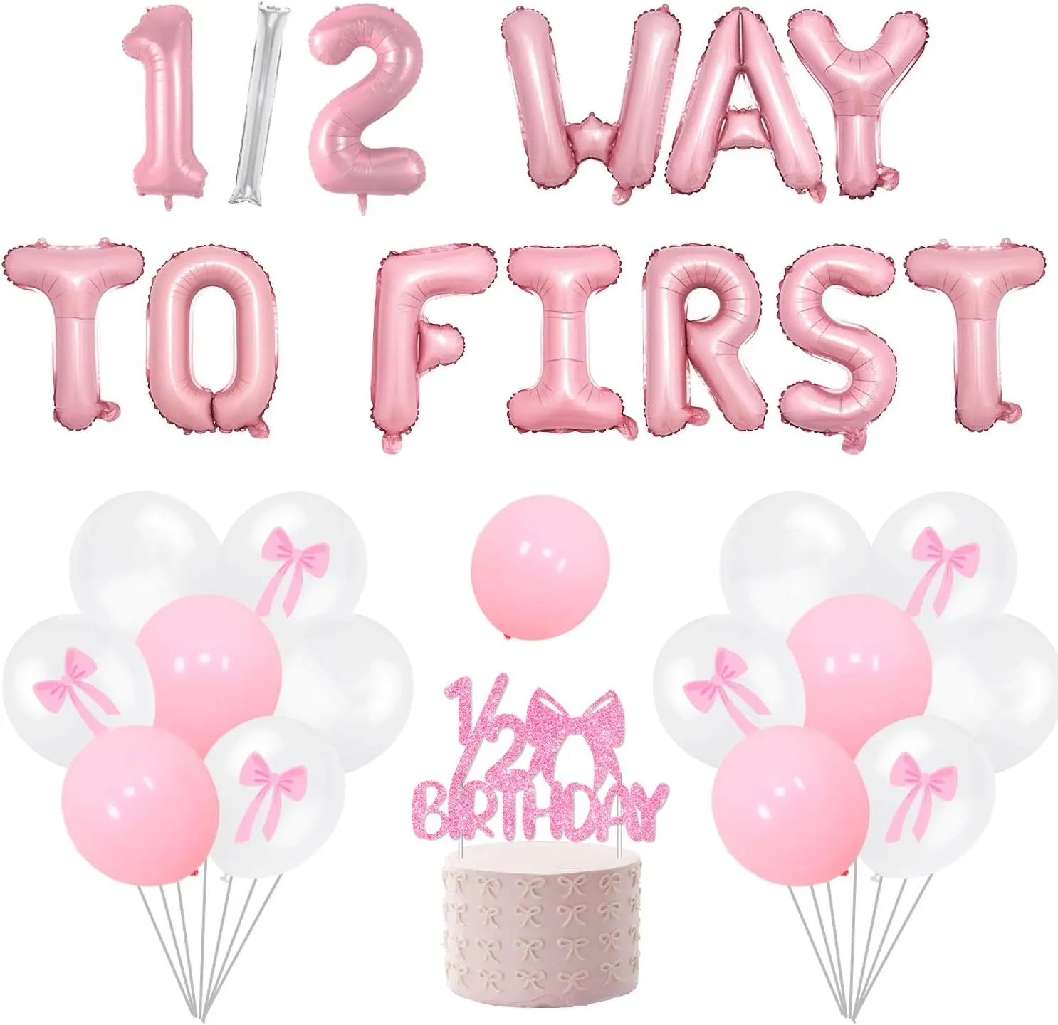 Bow 1/2 Birthday Party Decorations for Girls Way Balloon Banner Pink Bow Half Birthday Party Decor White 6 Months Party Supplies