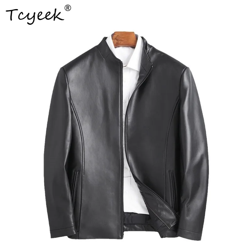 

Tcyeek Натуральная овчина Весна Осень Высококачественная черная мужская куртка с воротником-стойкой Jaqueta De Couro Masculina 가죽자켓