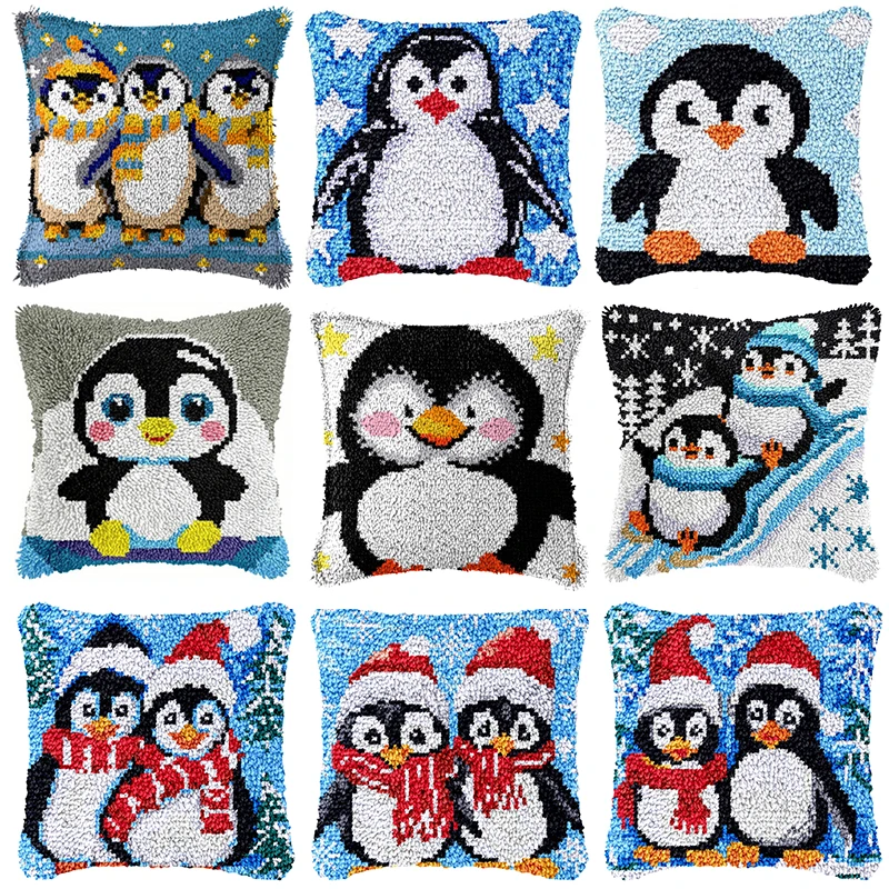 

Cute Penguin Latch Hook Kit Pillow Embroidery Do It Yourself Embroidery Carpet With Pre-Printed Pattern Series Pillow Decoration