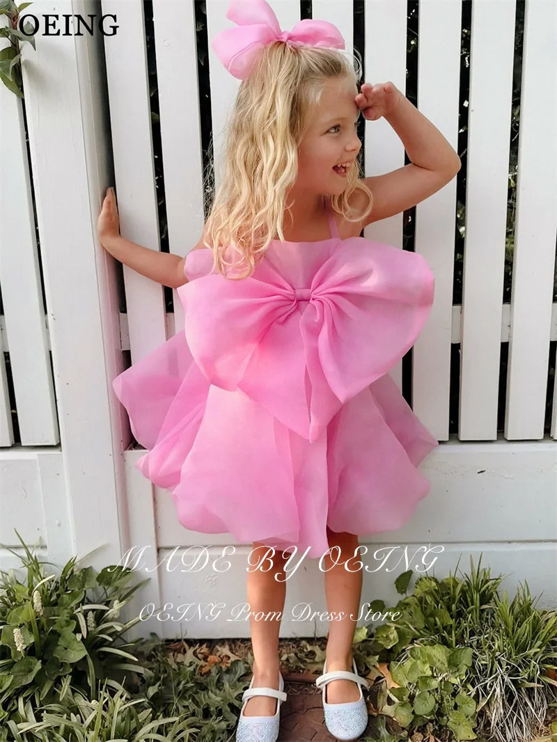 OEING Simple Hot Pink Flower Girl Dress A-Line Big Bow Square Collar Ruffle Princess Dress Mini Birthday Party Dress Customized