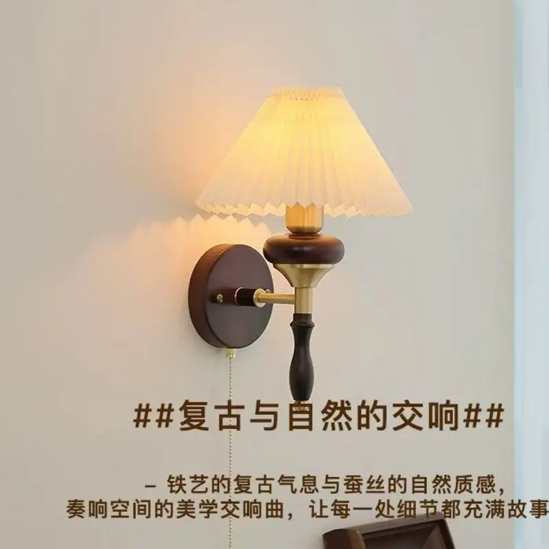 Medieval Retro Wall Lamps Chinese Wood Bedside with Switch Fabric Lampshade Living Room Bedroom Aisle Restaurant Ancient Sconces