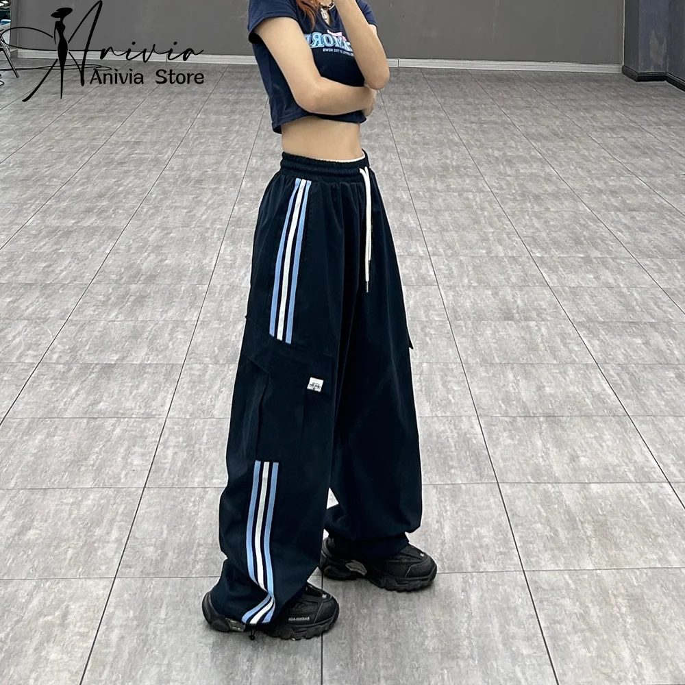 Oversize Women's Drawstring Y2K Dark Blue Pockets Wide Leg Chic Pants Baggy Striped Sports Sweatpants Parachute Jogger Trousers