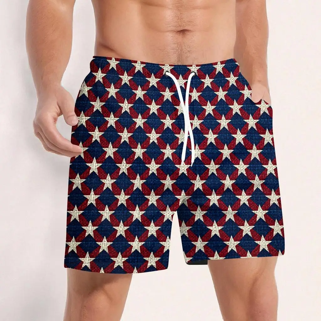 Men's Spring Summer 3D Printed Drawstring Shorts, USA Flag Water Palm Contrast Seaside Vacation Bottoms