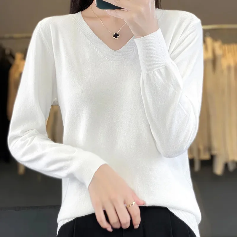 2024 New Cashmere Women's V-neck Pullover Lace Neck Hollow Out Design Casual Knitted Long Sleeve Women's Sweater Autumn Winter