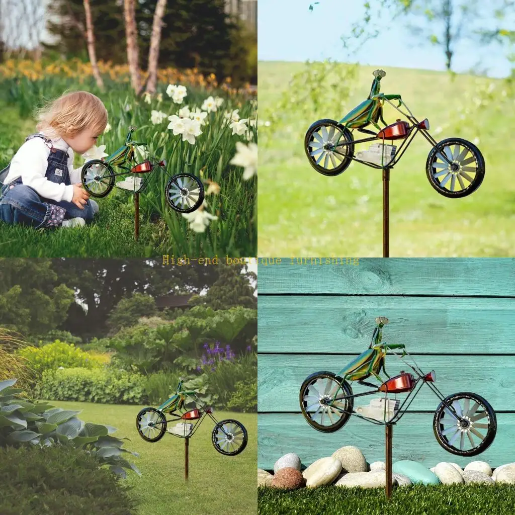 L9NB Metal Wind Spinner Praying Mantis Motorcycle Windmill Stake Statue for Garden Lawn Yard Outdoor Decoration