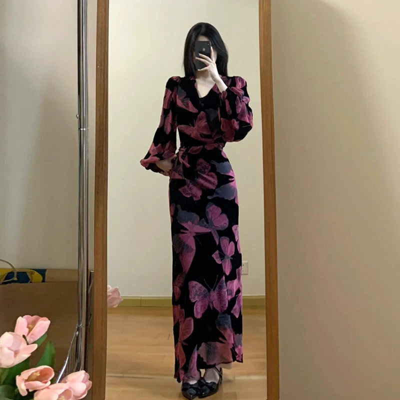 

Ele Velvet Dr Women's Faion Spring Season Long Sve V-Ne Bodycon Skirt Retro Ladylike Sle Print Design