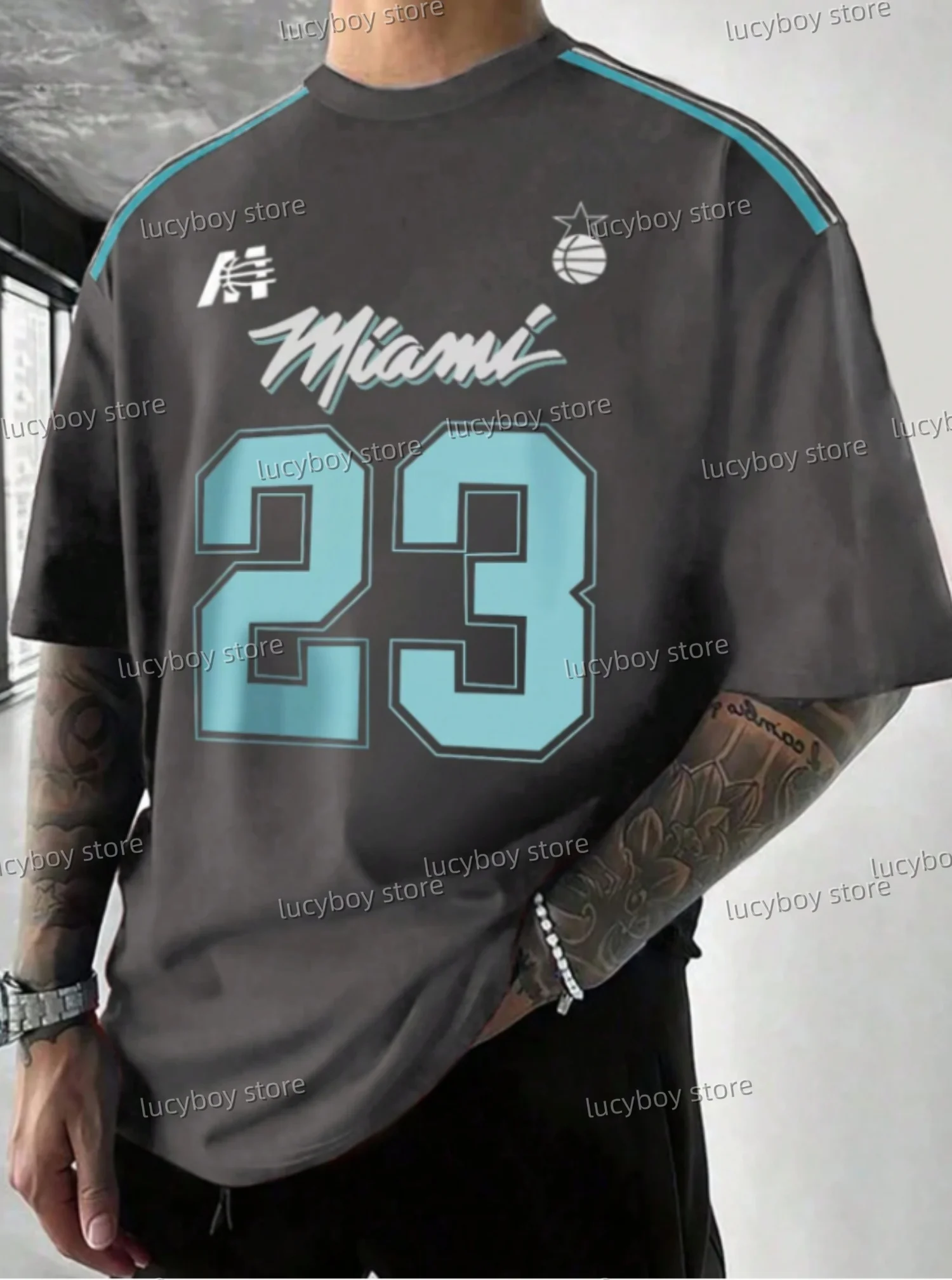 2025 New No.23 MIAMI Print Men Lightweight T-Shirt Man Short Sleeves Sport PLUS SIZE T-Shirt Vintage  Stripe  Tees Men Clothing