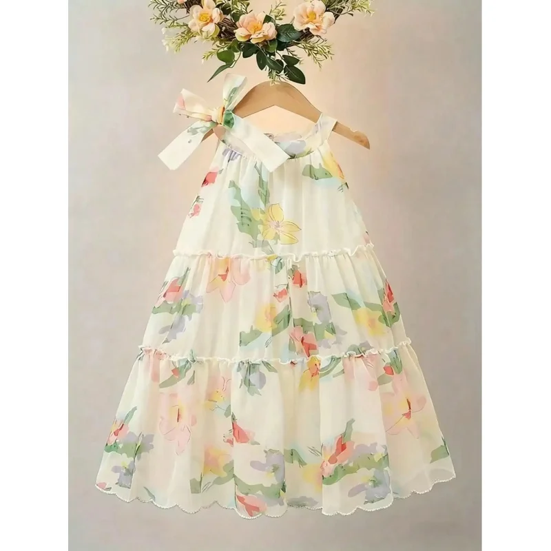 Girls' Floral Chiffon Princess Dress Summer Chic Boho Style Knee-Length with Bow Detail Perfect for Beach And Parties