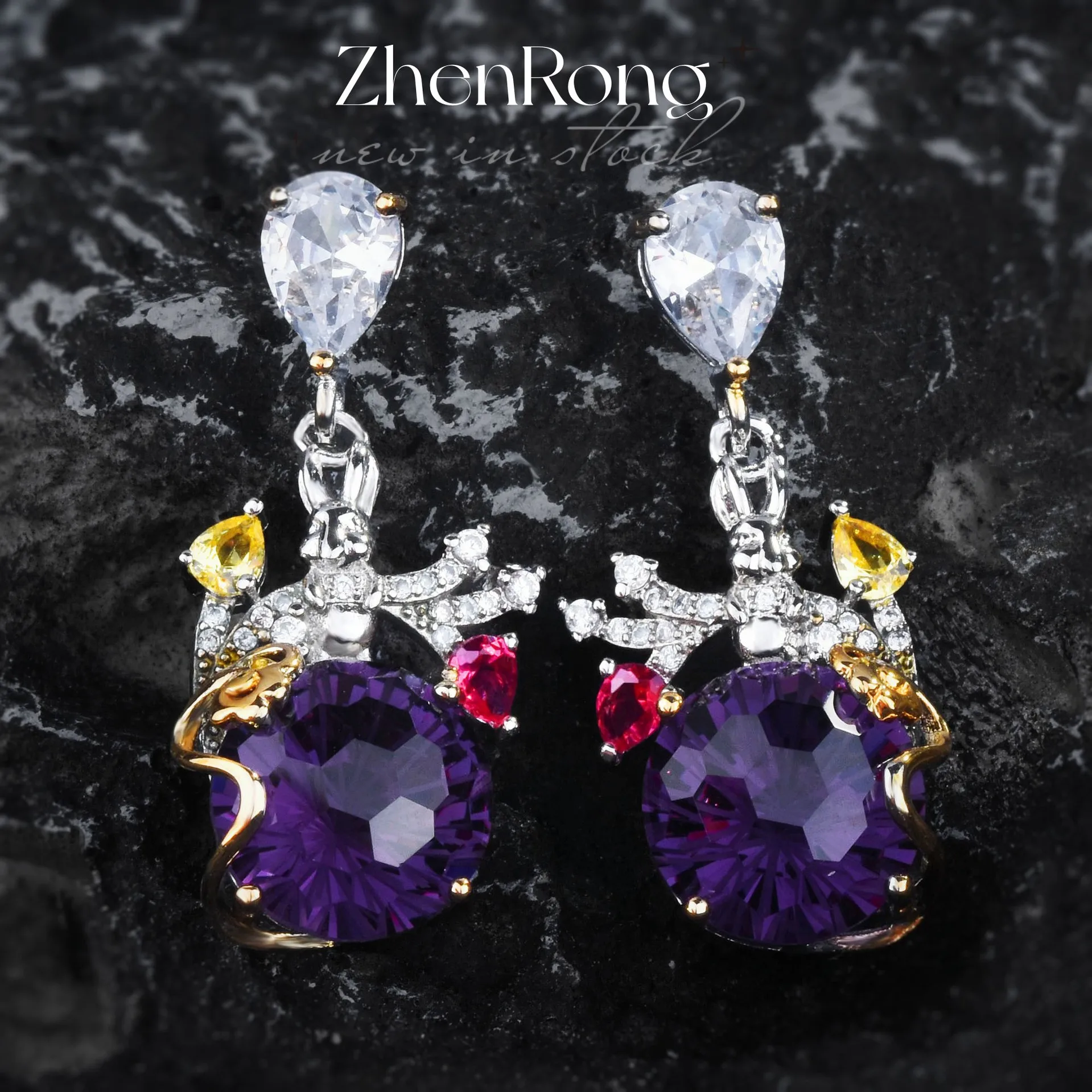 Luxury Vintage Purple Crystal Jewelry Sets For Women Cute Rabbit Design Rings Necklaces Earrings Banquet Party Accessories