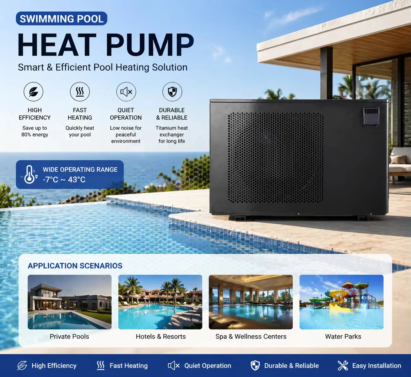 Custom Small High Efficiency Electric Swimming Pool Water Heater 3/4/5KW Heating Cooling Air Source Heat Pump