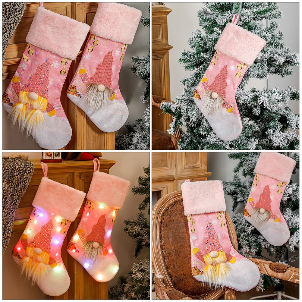 

2 Pcs Glowing Christmas Stocking Socks Luminous Safe Stockings Gift Containers Imitation Linen Party Hanging Decor