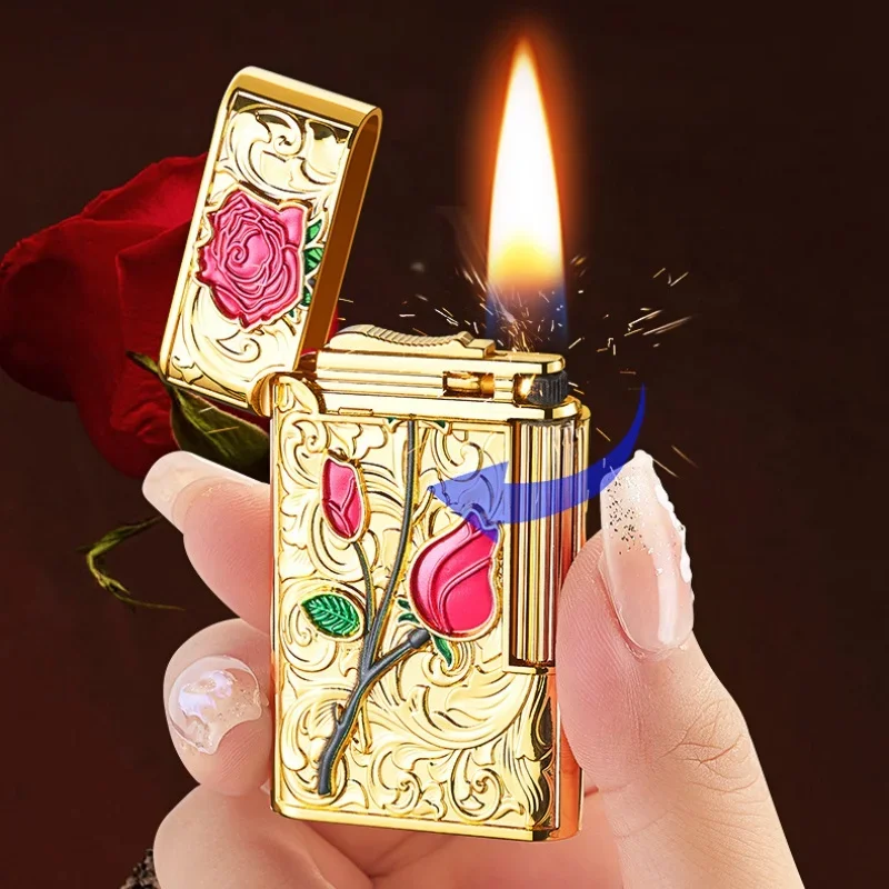 Metal Relief Rose Side Sliding Grinding Wheel Kerosene Lighter Personalized Creative Portable Open Flame Lighter High-end Gift