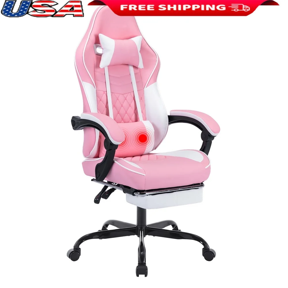 

Gaming Chair with Massage Lumbar Support Adjustable Headrest Footrest Ergonomic Design Comfortable Cushion Easy Assembly Work