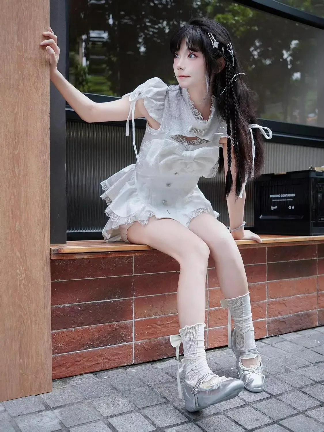 

2025 Women Sweet Lolita Two Piece Set Sleeveless Ruffle Top and Pleated Shorts Big Bow Decor Slim Fit Suit Hot Sale