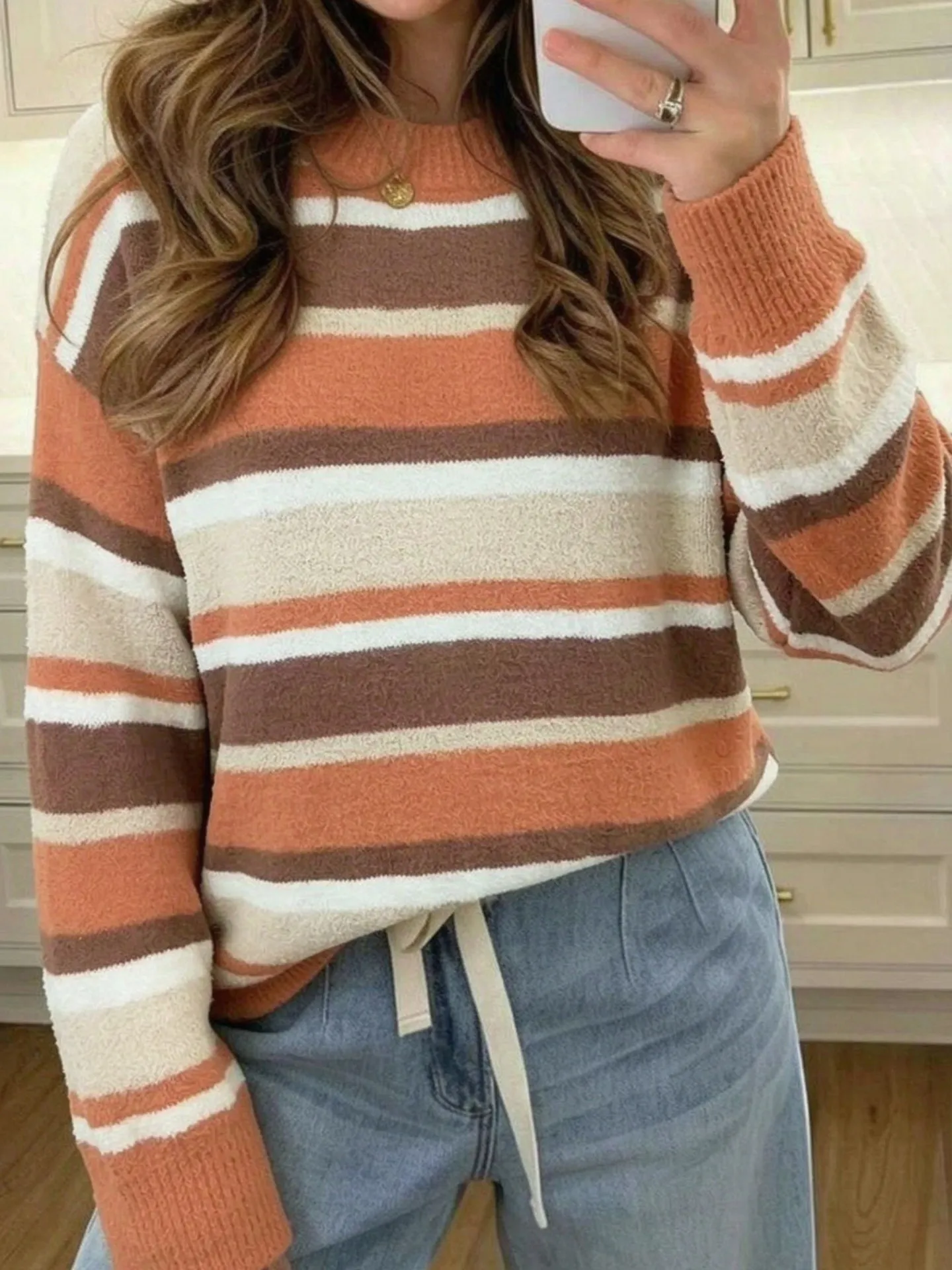 DearLover Women's Casual Loose Long Sleeve round Neck Sweater Autumn Winter Warm Stripe Pattern Fashionable Versatile Top