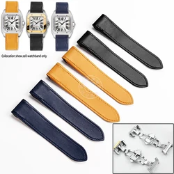 Soft Cowhide Leather watch strap For Cartier Sandoz Santos 100 Men Women Watchband 20mm 23mm Folding buckle Khaki blue bracelet