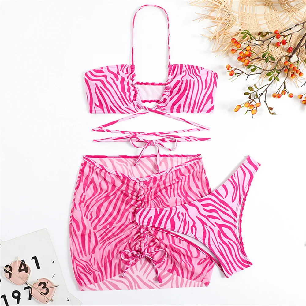 Costume da bagno sexy con stampa zebrata con coulisse scava fuori Y2K costume da bagno a fascia da donna gonna in rete costumi da bagno costume da bagno per le vacanze vestito da spiaggia