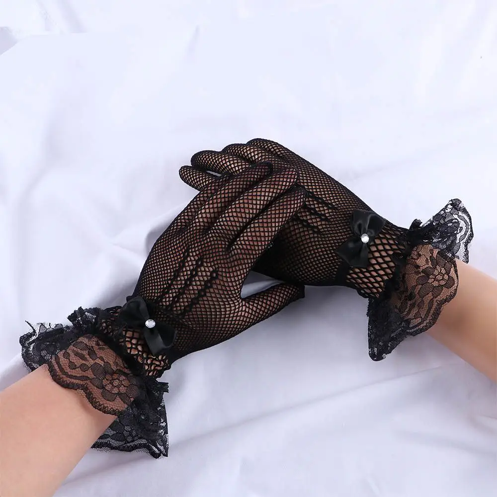 Elegant Breathable Anti-UV Crystal Fishnet Bow Wedding Gloves Sun Protection Mittens Lace Women Driving Gloves